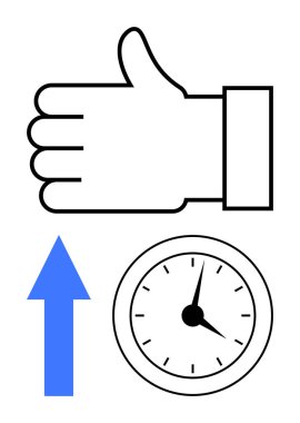 Onaylı el, onayı simgeler, saat zamanı simgeler ve yukarı doğru ok da ilerlemeyi simgeler. Üretkenlik, zaman yönetimi, verimlilik, başarı, performans, motivasyon için ideal basit