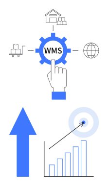 El, WMS etiketli, lojistik simgelere bağlı dişlilerle etkileşime geçiyor. Büyüme oku, grafik ve iş başarısı hedefi. Lojistik, verimlilik, yazılım, tedarik zinciri planlaması için ideal