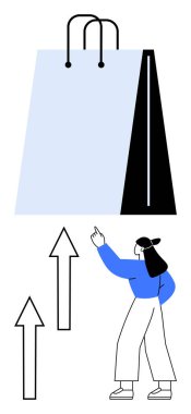 Yukarı bakan beyaz pantolonlu bir kadının yanında yukarı bakan oklarla dolu büyük bir alışveriş çantası. Perakende satış, alışveriş eğilimleri, büyüme, başarı, tüketici davranışı, çevrimiçi satışlar, e-ticaret temaları için ideal. Düz