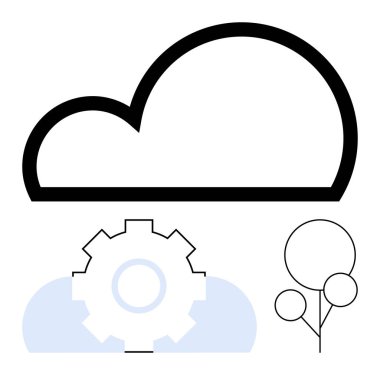 Bulut çizgisi, yumuşak mavi bir şekil ve minimalist ağaçlar. Teknoloji, bulut depolama, yenilik, sürdürülebilirlik, veri yönetimi, ekosistem dengesi ve dijital altyapı için ideal