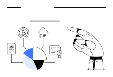 Kripto para birimine, mülkiyete, belgeye ve sertifika simgelerine bağlı robot el. Finans, otomasyon, yapay zeka, engelleme yatırım teknolojisi verileri için ideal. Düz basit