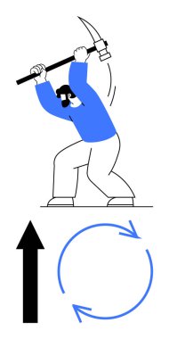 Oklarla kazma sallayan bir adam yukarı doğru ilerlediğini ve dairesel akışı gösteriyor. Azim, çaba, ilerleme, üretkenlik, büyüme, iş ahlakı ve görsel belirleme için idealdir. Düz basit metafor
