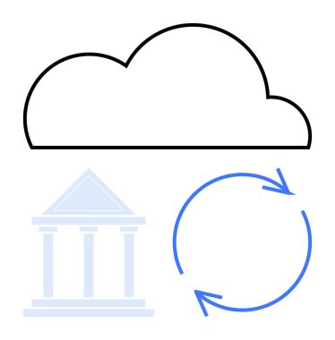 Bulut şekli, klasik bina silueti, dairesel oklar dijital depolamayı, kurumsal altyapıyı, veri akışını simgeliyor. Teknoloji, hükümet, süreç, depolama finansmanı yenilenmesi için ideal