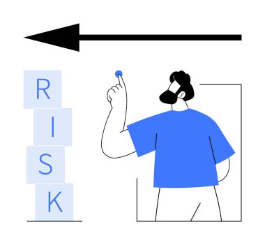 Kalın bir okun yanındaki yüksek bir RİSK yığınını işaret eden adam. Strateji, karar verme, risk yönetimi, başarı planlaması, liderlik, iş büyümesi, soyut çizgi düz metafor için ideal