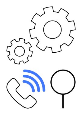 Büyük ve küçük vitesler, sinyal dalgalı telefon, ve takım çalışmasını, teknolojiyi, iletişimi, navigasyonu, problem çözmeyi, iş dünyasını ve işlem optimizasyonunu temsil eden konum işaretleyici düz bir basit