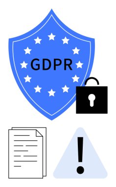GDPR mesajlı mavi kalkan, mahremiyet için kilit, politikaları sembolize eden belgeler, ve alarmlar için ünlem işareti. Veri güvenliği, gizlilik düzenlemeleri, uyum, yasal koruma ve risk için ideal