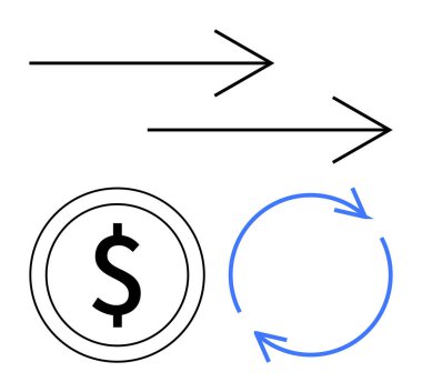 İki siyah ok, dolar işareti ve hareketi, finansal akışı ve süreci sembolize eden mavi dairesel ok. İşlemler, döviz, iş, finans verimliliği ve daire için ideal