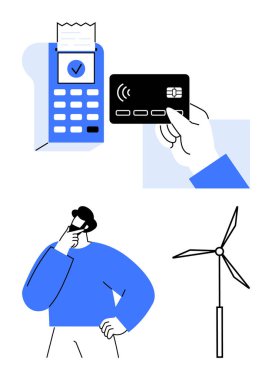 Kart işlemleri yapan ödeme terminali, düşünceli insan ve çevre dostu teknolojiyi yansıtan rüzgar türbini. Yenilenebilir enerji, fintech, karar verme, sürdürülebilirlik, modern iş için ideal