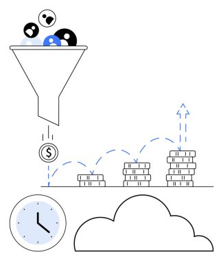 Huni filtreleme madeni paralara, yığınla paranın artmasına zamanı simgeleyen saat, fikirleri temsil eden bulut. Pazarlama, satış, verimlilik, yatırım, büyüme verimliliği süreçleri için ideal