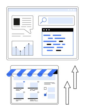 Haritaları, arama çubuğu ve istatistikleri olan bir web sayfası bir tepe örtüsü altında bir çevrimiçi mağazayla eşleştirilmiş. Dijital pazarlama, e-ticaret, web sitesi optimizasyonu, SEO, veri analizi, çevrimiçi büyüme düzlemi için ideal