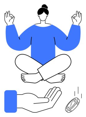 Çapraz bacaklı meditasyon yapan kadın yazı tura ve açık el hareketi ile poz veriyor. Farkındalık, karar verme, kendine bakma, denge, zihinsel odaklanma, ruhsal refah, düz basit metafor için ideal.