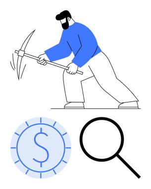 Kazma kullanan madenci, ekonomik fırsatları vurgulayan büyük bir madeni para ve büyüteçle yere çarpıyor. Finans, madencilik, zenginlik, yatırım, araştırma, kripto para birimi için ideal