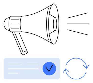 Megafon, işaret, tazeleme sembolleri. İletişim, güncelleme, bildirimler, duyurular, doğrulama, tazeleme medya pazarlaması için ideal halkla ilişkiler dijital uygulamaları eksiksiz hale getirir