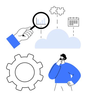 El ele tutuşan büyüteç analiz grafiği, bulut birleştiren bulmaca parçaları ve bir takvim, vites simgesi ve düşünme karakteri. Analiz, strateji, takım çalışması, planlama, problem çözme için ideal