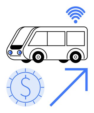 Otomatik otobüs kablosuz, dolar işaretli dijital para, verimliliği ve ilerlemeyi temsil eden yukarı doğru ok ile bağlı. Akıllı hareketlilik, maliyet tasarrufu, yenilik, bağlantı ve modern için ideal