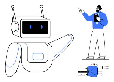 Anten kollu robot, elinde resmi kıyafet olan bir adama işaret ediyor ve gelecekteki işbirliğini vurguluyor. Yapay zeka, teknoloji, yenilik, takım çalışması, insan-robot işbirliği için ideal.