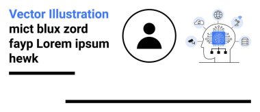 Birbirine bağlı sinir ağı, merkezi çip, bulut, küre ve profil ikonu olan soyut kafa tasarımı. Yapay zeka, teknoloji, otomasyon, kodlama yenilik kullanıcı verisi için ideal basit iniş sayfası