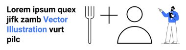 Çatal, artı işareti ve elinde pano olan bir adamın yanında kullanıcı simgesi. Yemek servisi için ideal, kullanıcı davranışı, eğitim, sunum, aşçılık, teknoloji sade iniş sayfası