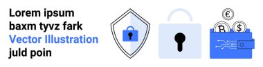 Kilitli kalkan, asma kilit, bozuk para ve devreli dijital cüzdan. Siber güvenlik, veri koruması, kripto para birimi, çevrimiçi güvenlik, şifreleme, fintech düz iniş sayfası afişi için ideal