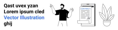 Elinde kontrat belgeleriyle bir saksı bitkisinin yanında duran bir adam. İş için ideal, anlaşmalar, hukuk hizmetleri, iş ahlakı, belgeler, sunumlar, düz iniş sayfası afişi
