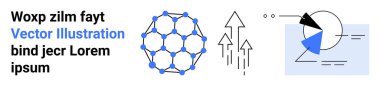 Moleküler ızgara yapısı, yukarı doğru oklar, segmentli pasta grafiği ve metin düzeni. Bilim, yenilik, teknoloji, veri analizi, dijital araçlar için ideal eğitim ve basit bir iniş sayfası