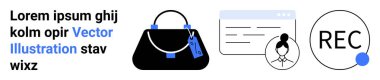 Fiyat etiketli siyah çanta, web sayfasında kullanıcı avatarı nokta göstergeli REC düğmesi. E-ticaret, moda, kimlik, teknoloji, iletişim, arayüz düz iniş sayfası afişi için ideal