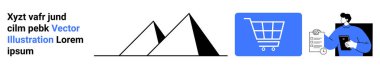 Mavi alışveriş arabası ikonu, soyut üçgen şekiller, fatura ve tableti olan adam. E-ticaret, analitik, işlem, alışveriş, dijital iş, müşteri hizmetleri sade iniş sayfası için ideal
