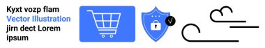Mavi alışveriş arabası ikonu, kilit ve işaretli güvenlik kalkanı ve soyut rüzgar çizgileri. Çevrimiçi alışveriş, güvenlik, güven, dağıtım, e-ticaret platformları, kullanıcı güvenliği sade iniş sayfası için ideal