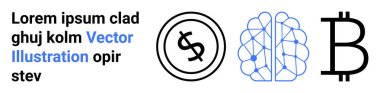 Maliye için dolar işareti, yapay zeka için sinir ağı beyin diyagramı ve kripto para birimi için Bitcoin sembolü. Ekonomi, fintech, yapay zeka, engelleme zinciri, yenilik, dijital teknoloji soyut çizgisi için ideal