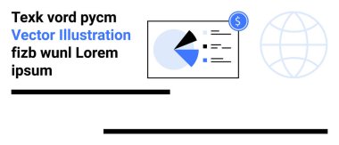 Veri noktaları, dolar işareti, çakışan metin ve soluk bir dünya çizgisi olan finansal pasta tablosu. Finans, analitik, dünya çapında bağlantılar, bilgi grafikleri, ekonomi veri görselleştirmesi için ideal basit