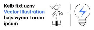 Yel değirmeninin koşumlu enerjisi parlayan bir ampulle birleşip güç üretiyor. Yenilenebilir enerji, elektrik, yenilik, sürdürülebilirlik, çevre dostu tasarım, yeşil teknoloji için ideal