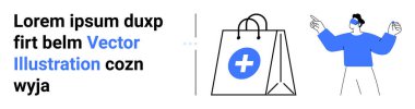Sanal gerçeklik gözlüğü kullanan birinin yanında haç simgesi olan tıbbi temalı alışveriş çantası. Sağlık, teknoloji, e-ticaret, sanal yardım, yenilik, modern alışveriş için ideal