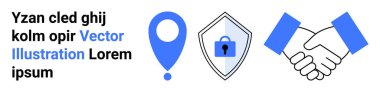 Anlaşmayı sembolize eden tokalaşma, güvenlik için asma kilidi olan kalkan ve navigasyon için konum şifresi. İş, ortaklık, güvenlik, takım çalışması, sözleşmeler, seyrüsefer düz iniş sayfası için ideal