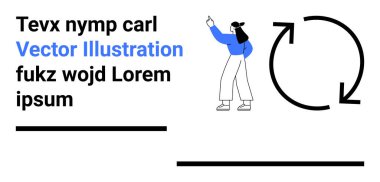 Sıradan giyinmiş bir kadın, kolunu kaldırmış, dairesel okların yanında geri dönüşüm ve yenilenme sürecini gösteriyor. Sürdürülebilirlik, iş akışı, eğitim, tasarım, ekoloji, dairesel ekonomi için ideal basit iniş