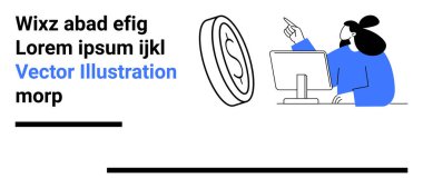 Bilgisayarda çalışırken masadaki kadın para birimi simgesini işaret ediyor. Finans, eğitim, teknoloji, sunum, takım çalışması, danışmanlık ve basit iniş sayfası için ideal