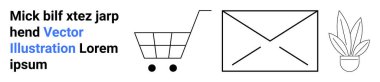 Alışveriş arabası, büyük bir zarf, sanata konmuş saksı. E-ticaret, çevrimiçi alışveriş, iletişim, dijital pazarlama, minimalizm, ev tasarımı düz iniş sayfası afişi için ideal
