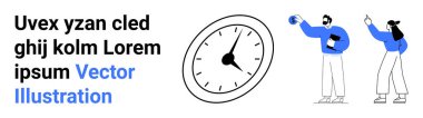 Büyük saat ve iki kişi, zaman izleme, verimlilik ve yönetimi temsil eden görevler üzerinde işbirliği yapıyor. İş için ideal, takım çalışması, organizasyon, programlama, son teslim tarihi basit eğitim
