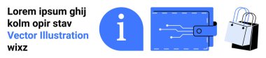 Bilgi simgesi, devreli dijital cüzdan, alışveriş çantası. E-ticaret, çevrimiçi ödeme, dijital işlemler, alışveriş, teknoloji, finans hizmetleri sade iniş sayfası afişi için ideal