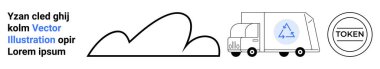 Bulut şekli ve dairesel jetonun yanında geri dönüşüm amblemi olan bir teslimat kamyonu. Sürdürülebilirlik, lojistik, geri dönüşüm, eko-ulaşım, markalaşma, modern tasarım, basit iniş sayfası için ideal