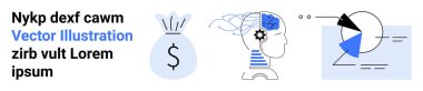 Dolar işaretli para çantası yapay zeka ve dişli insan kafası ve oklu pasta grafiği. Finans, teknoloji, yapay zeka, veri görselleştirme, karar verme, eğitim ve basit bir iniş sayfası için ideal