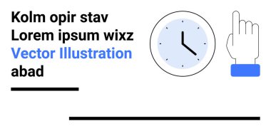 Mavi kenarlı saat, işaret eden el hareketi ve yer tutucu metin. Zaman yönetimi için ideal, UI, iş uygulamaları, zamanlama, bilgi grafikleri, modern web sade iniş sayfası