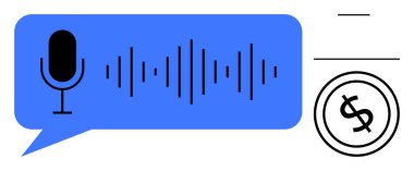 Ses dalgası ve dolar ikonuyla konuşma balonunda bir mikrofon simgesi. Finans, yapay zeka teknolojisi, ses ödemesi, yenilik, işlemler, dijital dönüşüm, iletişim için ideal. Düz basit metafor
