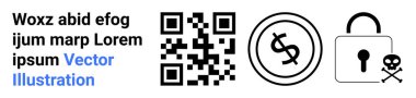 Para birimi sembolüne yakın QR kodu, kafatası ikonlu asma kilit siber riskler, veri güvenliği, dijital ödemeler, şifreleme, dolandırıcılık, finansal güvenlik, teknik güvenlik. Teknolojik risk kavramları için ideal