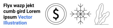 Çemberin içinde dolar işareti, şekillendirilmiş kar tanesi, ve temiz çizgi sanatında soyut bitki. Finans, kış, doğa, minimalizm, modern tasarım, soyut kavramlar ve basit iniş sayfası için ideal