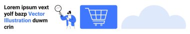 Cart simgesi online alışverişi simgeler, araştırma ve teknoloji için bulut ve büyüteç ile eşleştirilir. E-ticaret, teknoloji, alışveriş eğilimleri, araştırma ve yenilik için ideal