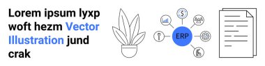 Potted plant, ERP merkez, finans, üretim, veri, belge yönetimi ve analitik işlemleri için işlem simgelerine sahip, eşlik eden metin. İş ve teknoloji veri yönetimi için ideal finans analizleri