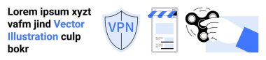 Güvenliği temsil eden VPN kalkanı, e-ticaret düzeni için mağaza önü şablonu ve odaklanmak için el ile hareketli çevirici. Teknoloji için ideal, çevrimiçi alışveriş, çoklu görev, güvenlik, üretkenlik