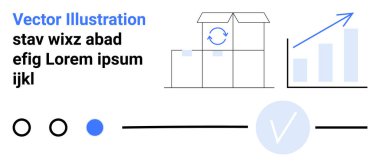 Açık kutular, geri dönüşüm logosu ve yükselen trend grafiği olan iş büyümesi konsepti. Dairesel seçim göstergeleri ve kontrol işareti. Lojistik, envanter yönetimi, ilerleme takibi ve iş için ideal