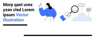 Mavili kadın, büyüteç, bulut, vites ve analizi, yeniliği ve veri organizasyonunu temsil eden bir takvim de dahil olmak üzere soyut simgelerle etkileşime girer. Teknoloji kavramları ve iş için ideal.