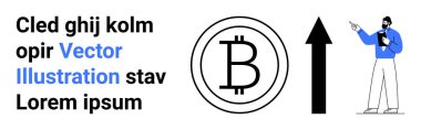Bitcoin işaretini yukarı doğru cesur bir okla sunan kişi. Kripto para birimi, iş büyümesi, finans, yatırım, teknoloji, engelleme zinciri, veri görselleştirme, basit iniş sayfası için ideal